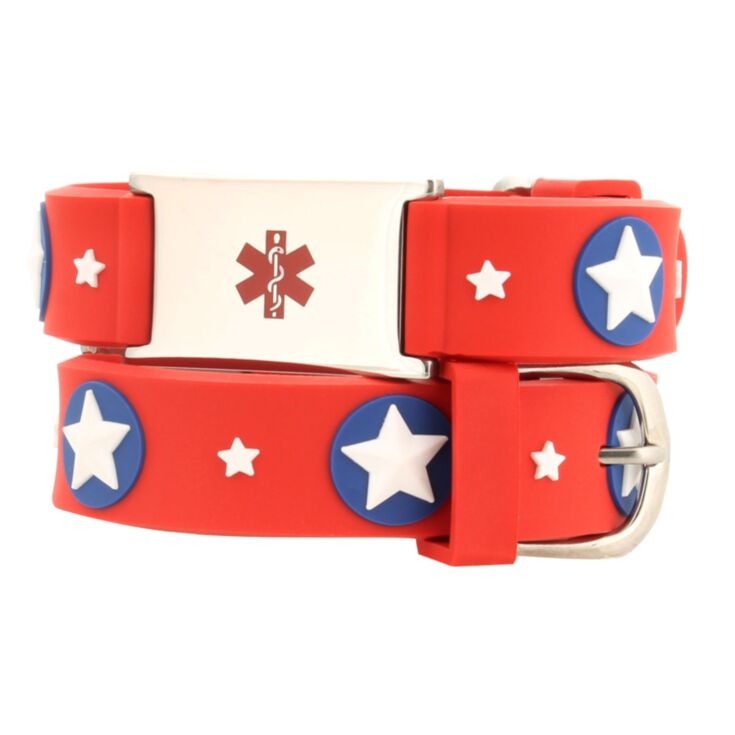 kids red medical id bracelet with super hero star design, silicone band with stainless steel plate