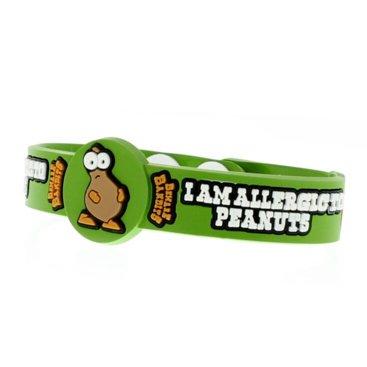kids peanut allergy bracelet with fun peanut character, green silicone medical id band