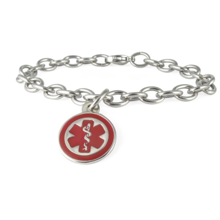 Mini Pendant Charm Bracelet with Stainless Steel Cable Chain and Claw Clasp, Round Medical Emblem Charm in highly visible red color