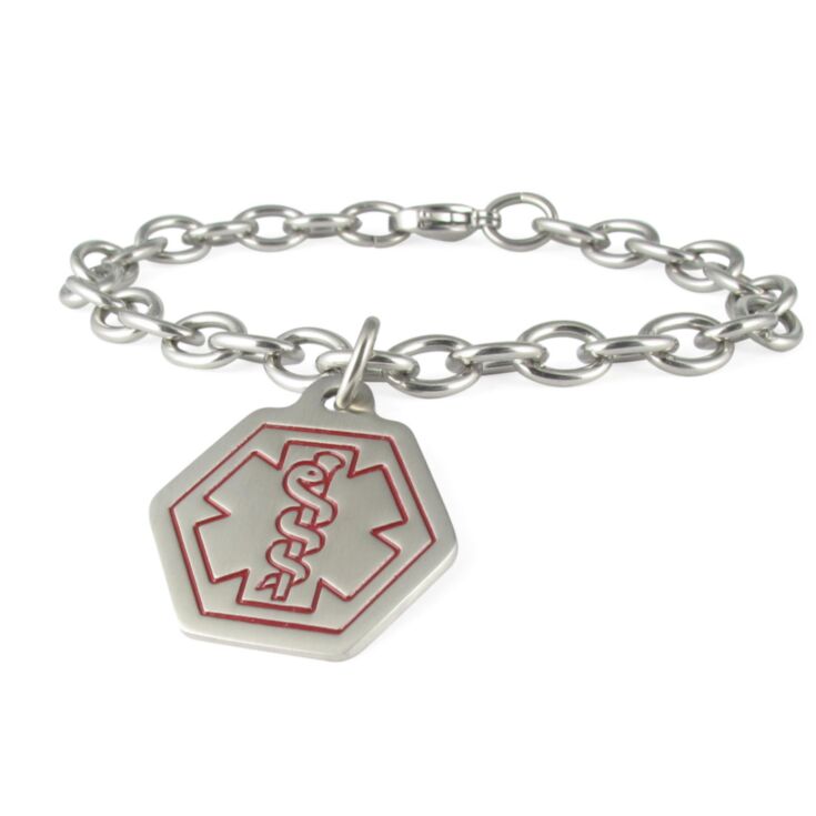 Standard Cable Chain with Small Classic Hexagon Charm, Stainless Steel Charm with Medical Emblem Design