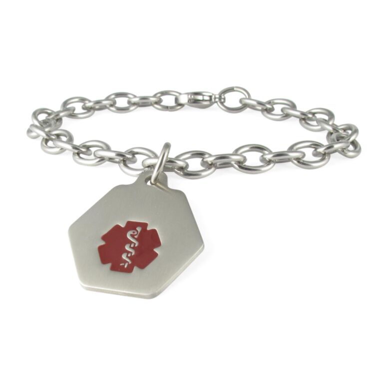 Small Hexagon Charm Bracelet with Red Medical Emblem Accent, Stainless Steel ID Tag on Durable Chain Style Bracelet