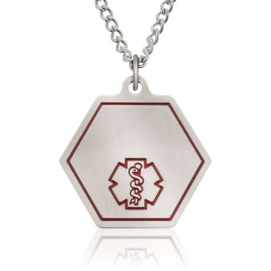 classic medical id necklace with hexagon pendant featuring red medical emblem, stainless steel curb neck chain