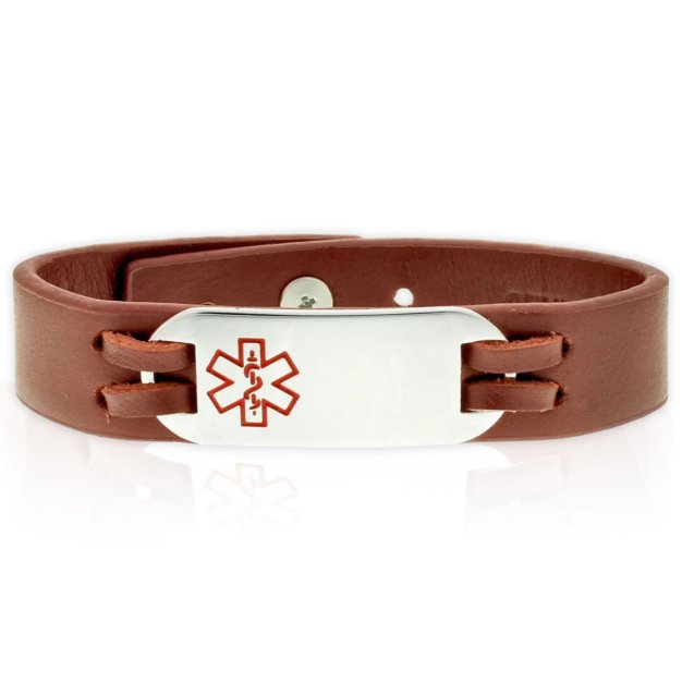 companion medical alert bracelet, leather urban-style with stainless steel id plate