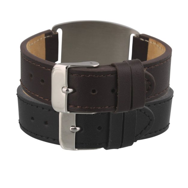 adjustable leather medical id bracelet in black and brown with stainless steel medical plate 