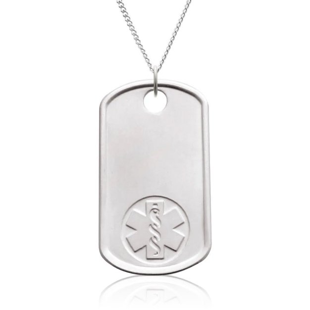 sterling silver dog tag medical id necklace with military styling, id tag embossed with medical emblem, subtle brushed metal finish, unisex design