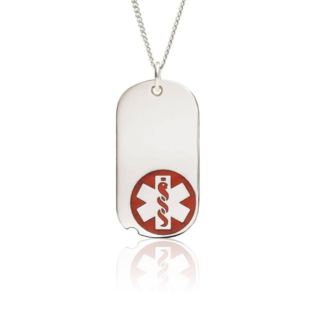 mini military style medical id necklace with sterling silver oval tag red medical emblem design