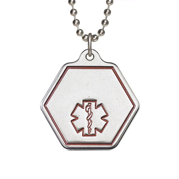 stainless steel companion id with hexagon pendant and red medical emblem design