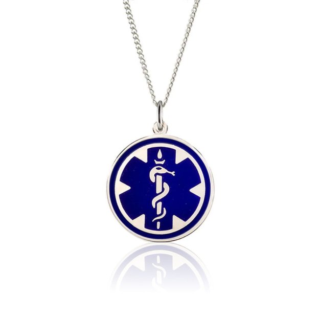 sterling silver medical id necklace for men and women with blue enamel, round medical emblem medallion