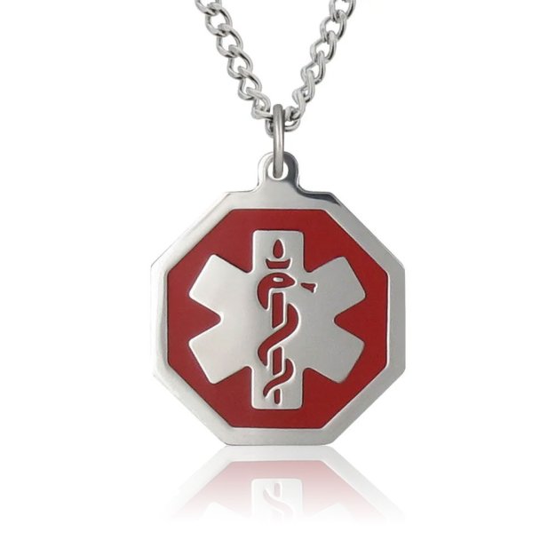 curb chain medical id necklace with hexagon medical emblem pendant in red, stainless steel design