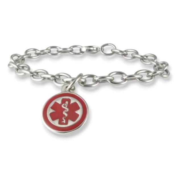 Mini Pendant Charm Bracelet with Stainless Steel Cable Chain and Claw Clasp, Round Medical Emblem Charm in highly visible red color