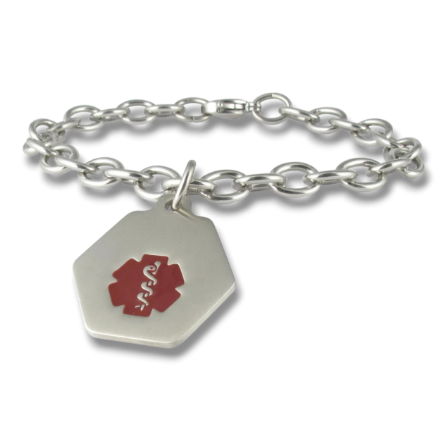 Small Hexagon Charm Bracelet with Red Medical Emblem Accent, Stainless Steel ID Tag on Durable Chain Style Bracelet