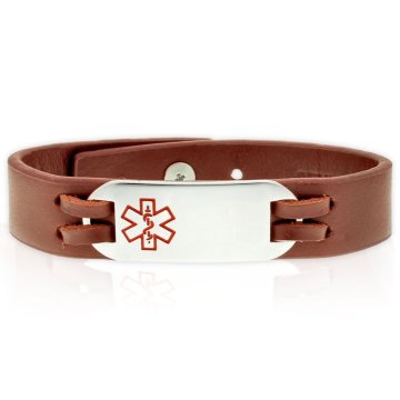 companion medical alert bracelet, leather urban-style with stainless steel id plate